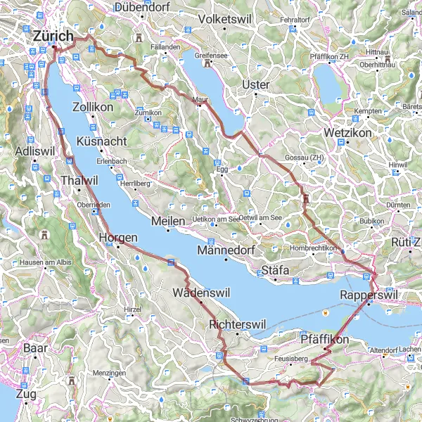 Zemljevid v pomanjšavi "Zürich - Loorenkopf Turm Gravel Route" kolesarske inspiracije v Zürich, Switzerland. Generirano z načrtovalcem kolesarskih poti Tarmacs.app