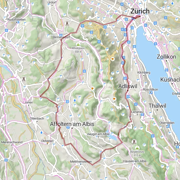 Zemljevid v pomanjšavi "Odkrivanje pokrajine Adliswil z gravel kolesom" kolesarske inspiracije v Zürich, Switzerland. Generirano z načrtovalcem kolesarskih poti Tarmacs.app