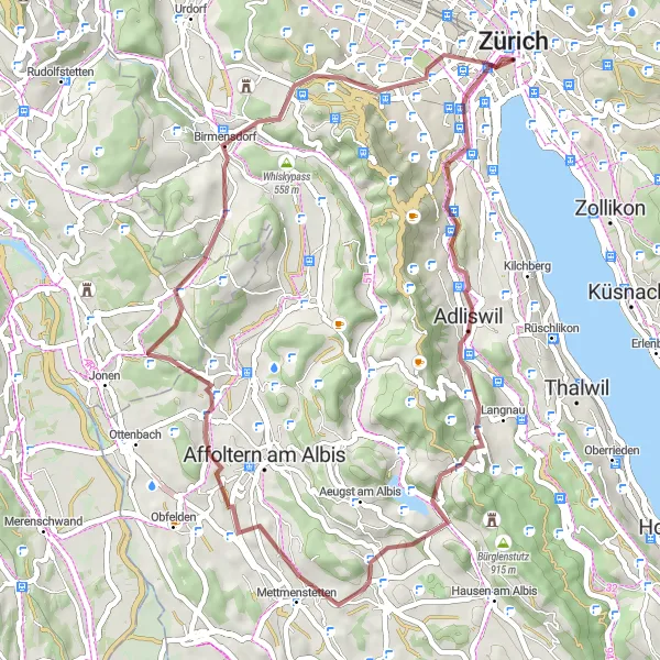 Miniaturní mapa "Gravelová trasa kolem Zürichu" inspirace pro cyklisty v oblasti Zürich, Switzerland. Vytvořeno pomocí plánovače tras Tarmacs.app