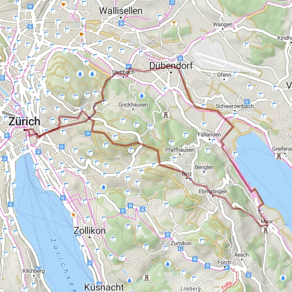 Miniatura della mappa di ispirazione al ciclismo "Breve Tour Gravel nei Dintorni di Zurigo" nella regione di Zürich, Switzerland. Generata da Tarmacs.app, pianificatore di rotte ciclistiche