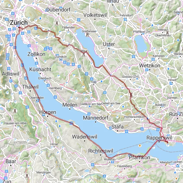 Zemljevid v pomanjšavi "Pustolovščina v naravi z gravel kolesom" kolesarske inspiracije v Zürich, Switzerland. Generirano z načrtovalcem kolesarskih poti Tarmacs.app