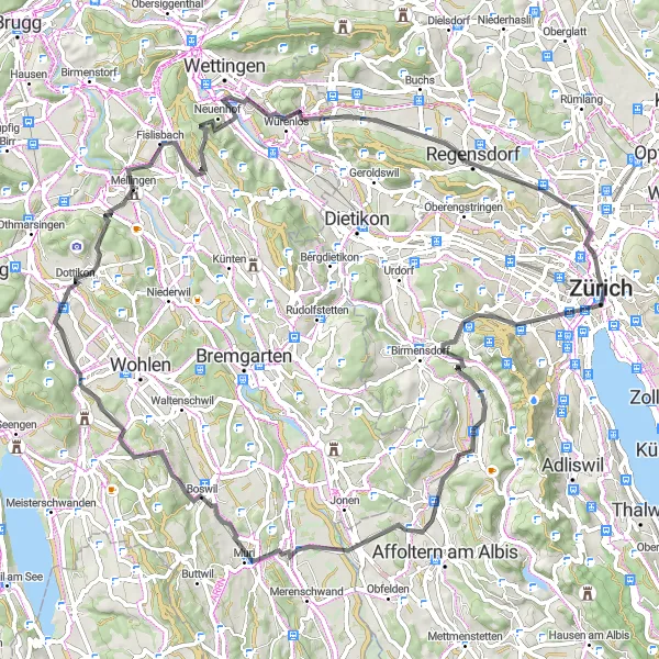 Kartminiatyr av "Utforsk landsbyene rundt Zürich på sykkel" sykkelinspirasjon i Zürich, Switzerland. Generert av Tarmacs.app sykkelrutoplanlegger