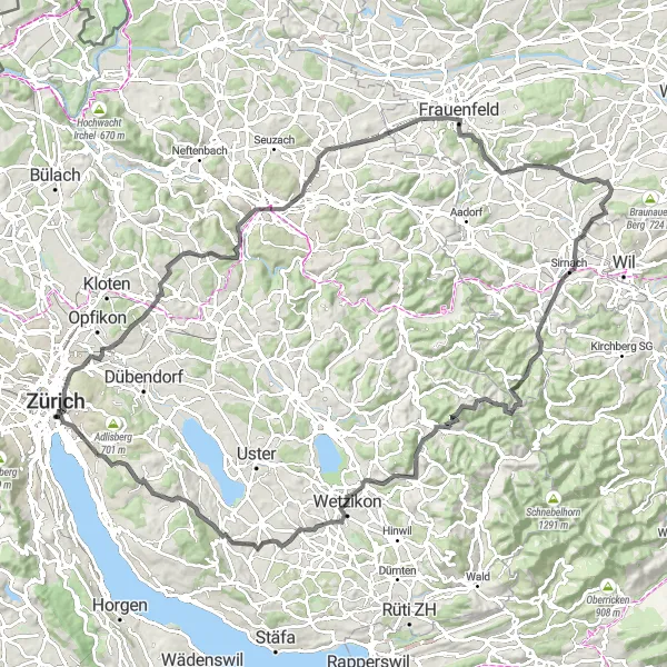 Miniature de la carte de l'inspiration cycliste "Excursion à travers la campagne zurichoise" dans la Zürich, Switzerland. Générée par le planificateur d'itinéraire cycliste Tarmacs.app