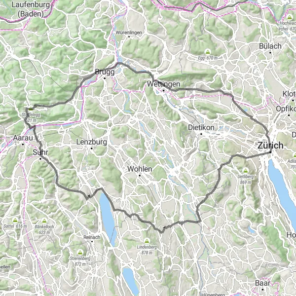 Zemljevid v pomanjšavi "Dolga cestna kolesarska tura okoli Züricha" kolesarske inspiracije v Zürich, Switzerland. Generirano z načrtovalcem kolesarskih poti Tarmacs.app