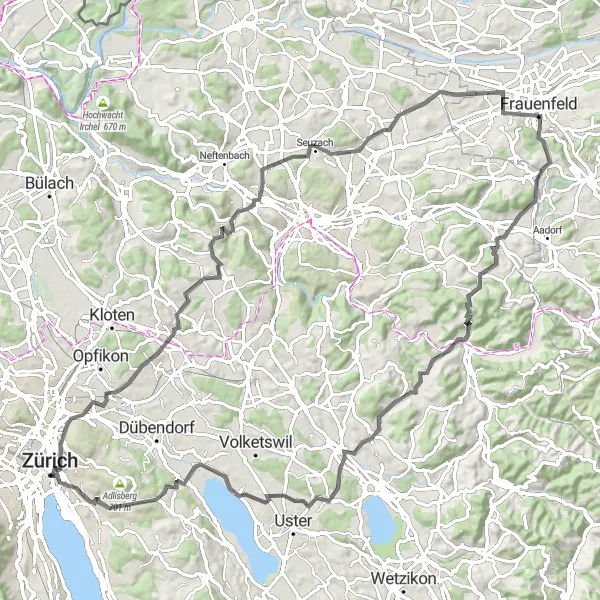 Miniatura della mappa di ispirazione al ciclismo "Avventura Ciclistica nei Dintorni di Zurigo" nella regione di Zürich, Switzerland. Generata da Tarmacs.app, pianificatore di rotte ciclistiche
