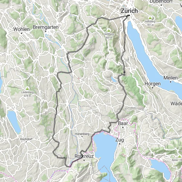 Miniatura della mappa di ispirazione al ciclismo "Giro in bicicletta da Zürich a Sodbrunnen" nella regione di Zürich, Switzerland. Generata da Tarmacs.app, pianificatore di rotte ciclistiche