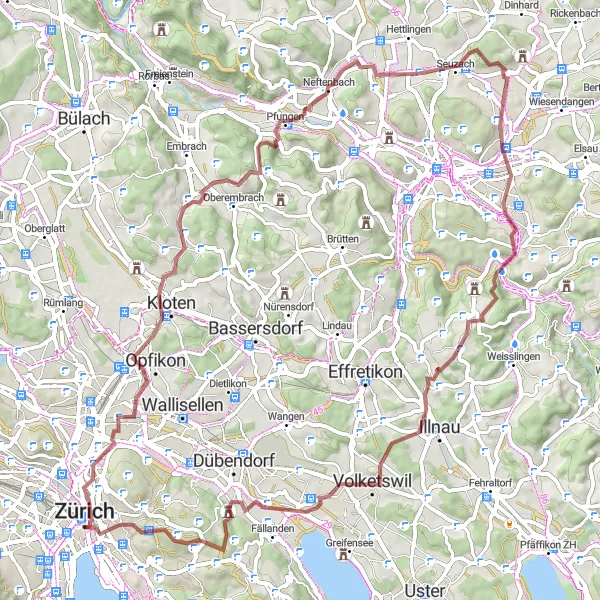 Map miniature of "Countryside Escape: Gravel Off the Beaten Track" cycling inspiration in Zürich, Switzerland. Generated by Tarmacs.app cycling route planner