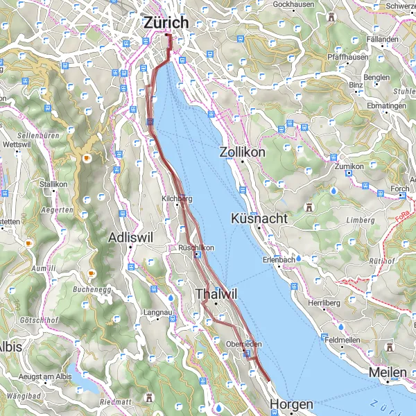 Miniatua del mapa de inspiración ciclista "Ruta del Lago de Zurich en Grava" en Zürich, Switzerland. Generado por Tarmacs.app planificador de rutas ciclistas