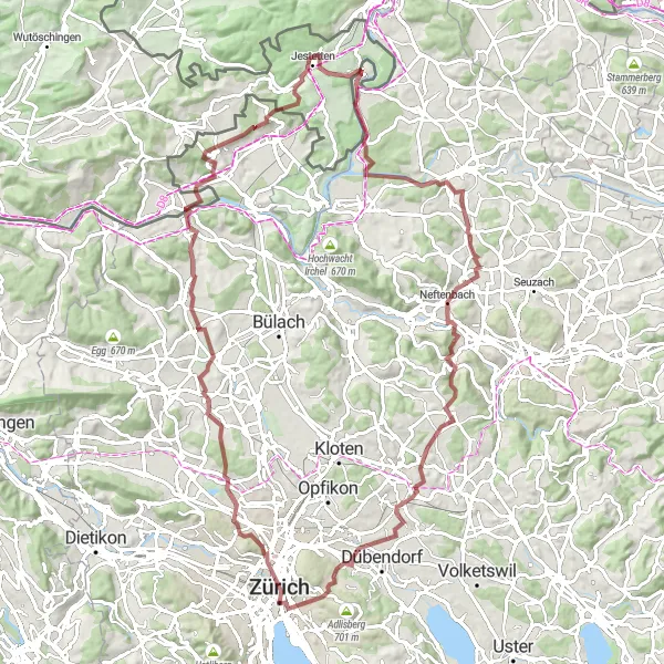 Miniatura della mappa di ispirazione al ciclismo "Giro Gravel Chäferberg-Rheinau" nella regione di Zürich, Switzerland. Generata da Tarmacs.app, pianificatore di rotte ciclistiche