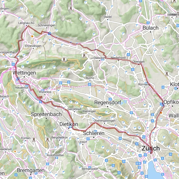 Map miniature of "Gravel Adventure in Zurich's Backcountry" cycling inspiration in Zürich, Switzerland. Generated by Tarmacs.app cycling route planner