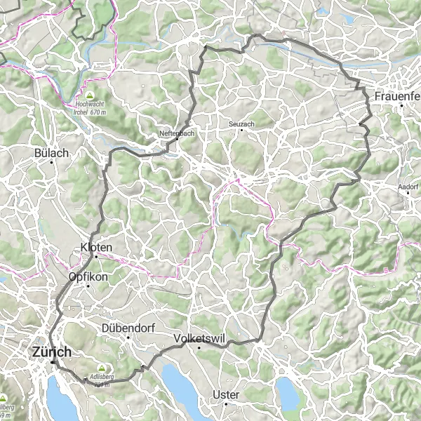 Miniature de la carte de l'inspiration cycliste "Le Tour des Collines Zurichoises" dans la Zürich, Switzerland. Générée par le planificateur d'itinéraire cycliste Tarmacs.app