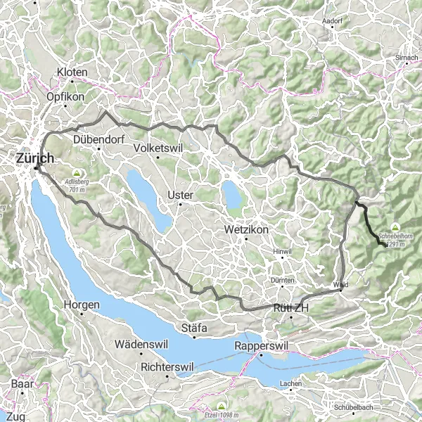 Zemljevid v pomanjšavi "Okoli Züricha preko Wald in Egg" kolesarske inspiracije v Zürich, Switzerland. Generirano z načrtovalcem kolesarskih poti Tarmacs.app