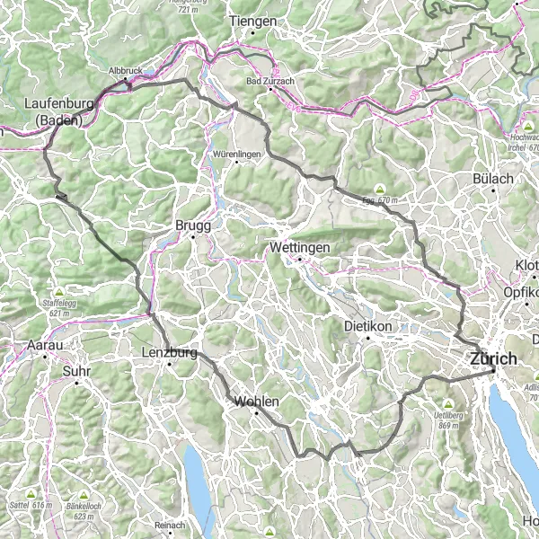 Miniature de la carte de l'inspiration cycliste "Aventure cycliste à travers les villages et châteaux" dans la Zürich, Switzerland. Générée par le planificateur d'itinéraire cycliste Tarmacs.app