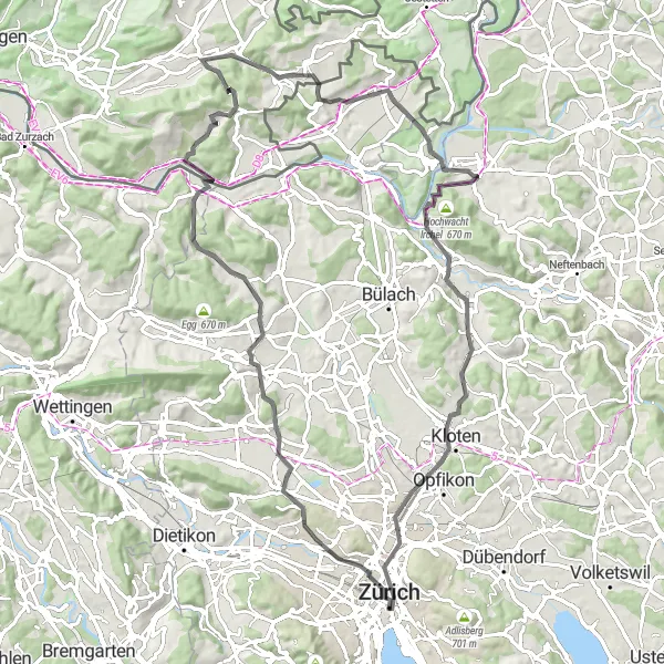 Kartminiatyr av "Oberstrass - Burg Rotwasserstelz - Hochwacht Irchel - Lindenhof Loop" sykkelinspirasjon i Zürich, Switzerland. Generert av Tarmacs.app sykkelrutoplanlegger