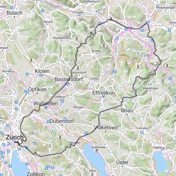 Zemljevid v pomanjšavi "Cikel Zürich - Wülflingen - Zürich" kolesarske inspiracije v Zürich, Switzerland. Generirano z načrtovalcem kolesarskih poti Tarmacs.app