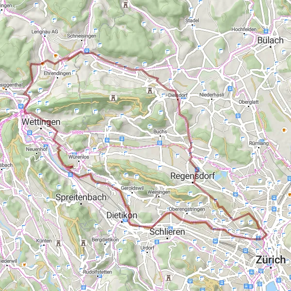 Miniatura della mappa di ispirazione al ciclismo "Lungo i Sentieri Segreti di Zürich" nella regione di Zürich, Switzerland. Generata da Tarmacs.app, pianificatore di rotte ciclistiche