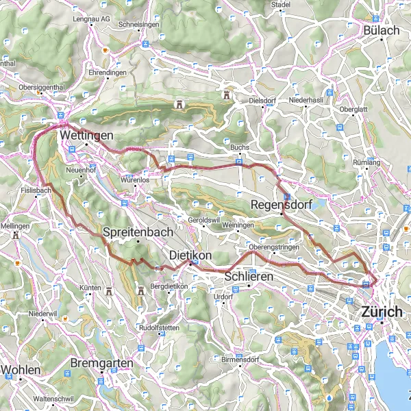 Miniatura della mappa di ispirazione al ciclismo "Giro Gravellando intorno a Zürich" nella regione di Zürich, Switzerland. Generata da Tarmacs.app, pianificatore di rotte ciclistiche