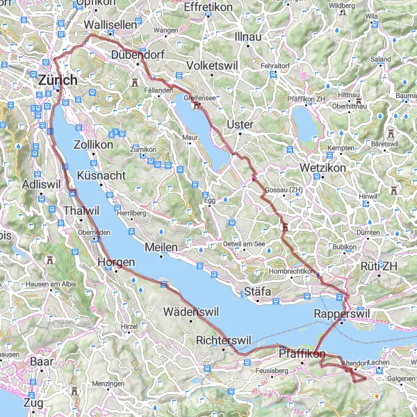 Kartminiatyr av "Grusvei til Rapperswil" sykkelinspirasjon i Zürich, Switzerland. Generert av Tarmacs.app sykkelrutoplanlegger