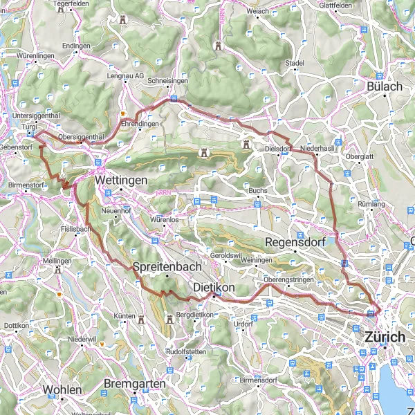 Kartminiatyr av "Grusvägar och naturupplevelser" cykelinspiration i Zürich, Switzerland. Genererad av Tarmacs.app cykelruttplanerare