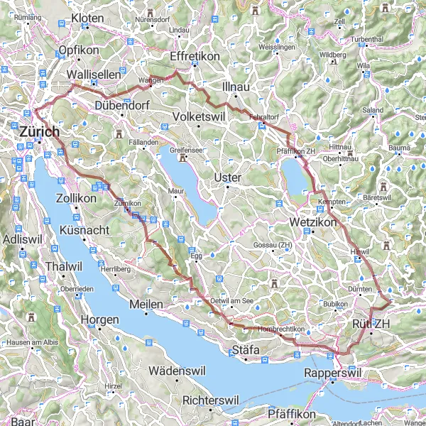 Map miniature of "Spectacular Gravel Exploration in Zurich's Outskirts" cycling inspiration in Zürich, Switzerland. Generated by Tarmacs.app cycling route planner