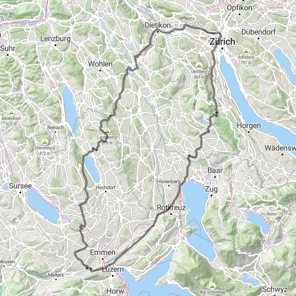 Map miniature of "The Zurich Alps Challenge" cycling inspiration in Zürich, Switzerland. Generated by Tarmacs.app cycling route planner