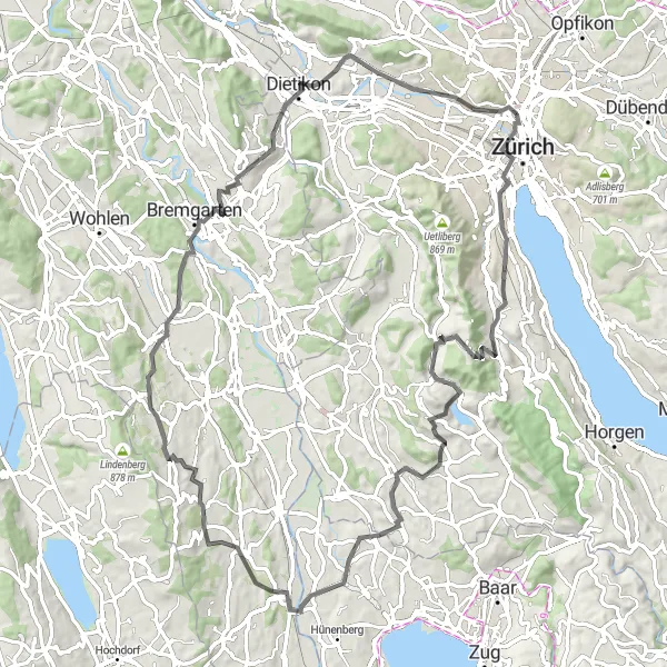 Kartminiatyr av "Zürich til Aeugst am Albis Road Cycling Route" sykkelinspirasjon i Zürich, Switzerland. Generert av Tarmacs.app sykkelrutoplanlegger