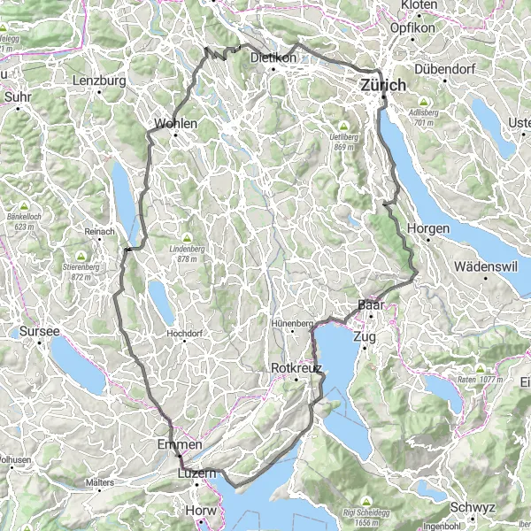 Map miniature of "Zürich Lakes and Pilgrim's Church" cycling inspiration in Zürich, Switzerland. Generated by Tarmacs.app cycling route planner