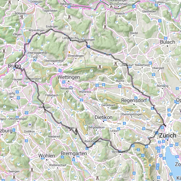 Map miniature of "Exploring Mellingen and Niederweningen" cycling inspiration in Zürich, Switzerland. Generated by Tarmacs.app cycling route planner
