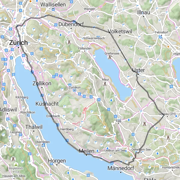 Mapa miniatúra "Cyklistická trasa podél jezera Zürich" cyklistická inšpirácia v Zürich, Switzerland. Vygenerované cyklistickým plánovačom trás Tarmacs.app