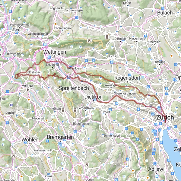 Miniatura della mappa di ispirazione al ciclismo "Esplorazione in bicicletta verso Waid" nella regione di Zürich, Switzerland. Generata da Tarmacs.app, pianificatore di rotte ciclistiche