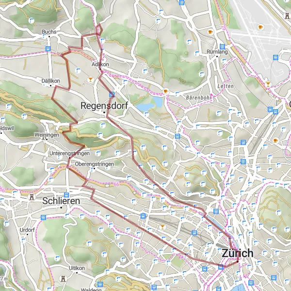 Miniatura della mappa di ispirazione al ciclismo "Tour di rilievo attraverso Gubrist" nella regione di Zürich, Switzerland. Generata da Tarmacs.app, pianificatore di rotte ciclistiche