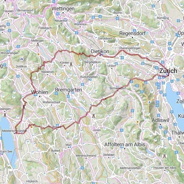 Map miniature of "Zürich Gravel Explorer" cycling inspiration in Zürich, Switzerland. Generated by Tarmacs.app cycling route planner