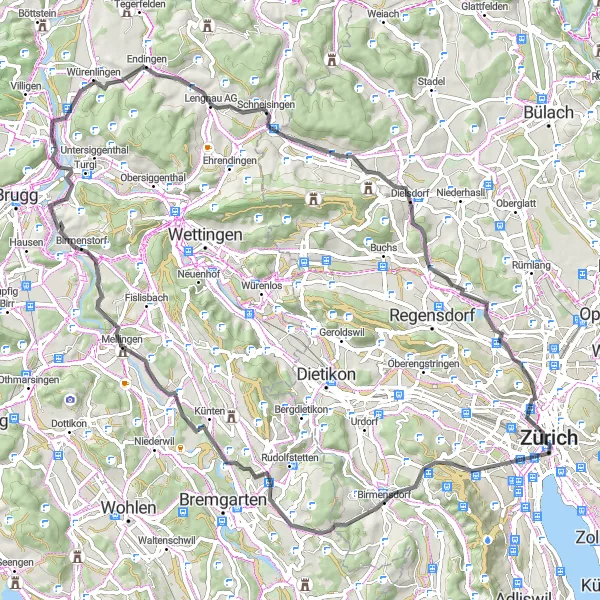 Miniatura della mappa di ispirazione al ciclismo "Esplorazione ciclistica verso Niederweningen" nella regione di Zürich, Switzerland. Generata da Tarmacs.app, pianificatore di rotte ciclistiche
