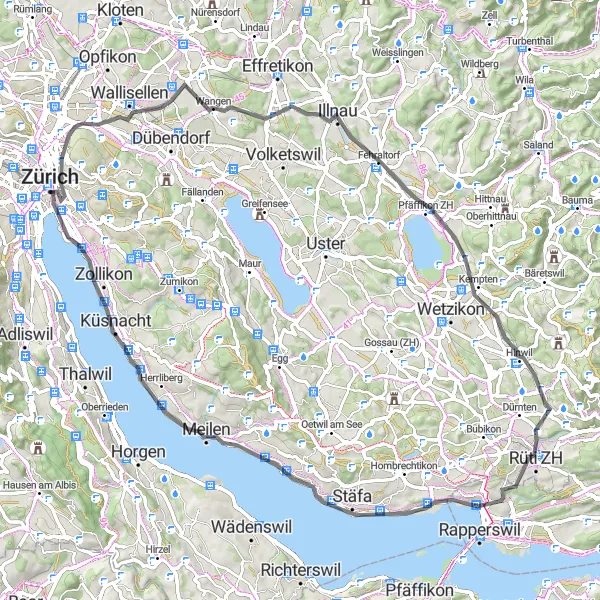 Mapa miniatúra "Kolem jezera Greifensee" cyklistická inšpirácia v Zürich, Switzerland. Vygenerované cyklistickým plánovačom trás Tarmacs.app