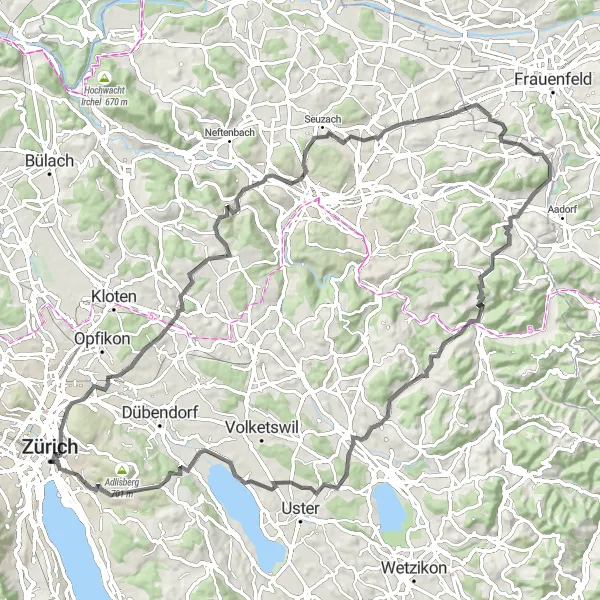 Zemljevid v pomanjšavi "Cestna potovanja po slikoviti pokrajini" kolesarske inspiracije v Zürich, Switzerland. Generirano z načrtovalcem kolesarskih poti Tarmacs.app