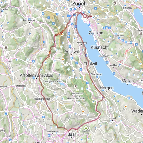 Mapa miniatúra "Gravelová cyklotrasa cez prírodu" cyklistická inšpirácia v Zürich, Switzerland. Vygenerované cyklistickým plánovačom trás Tarmacs.app