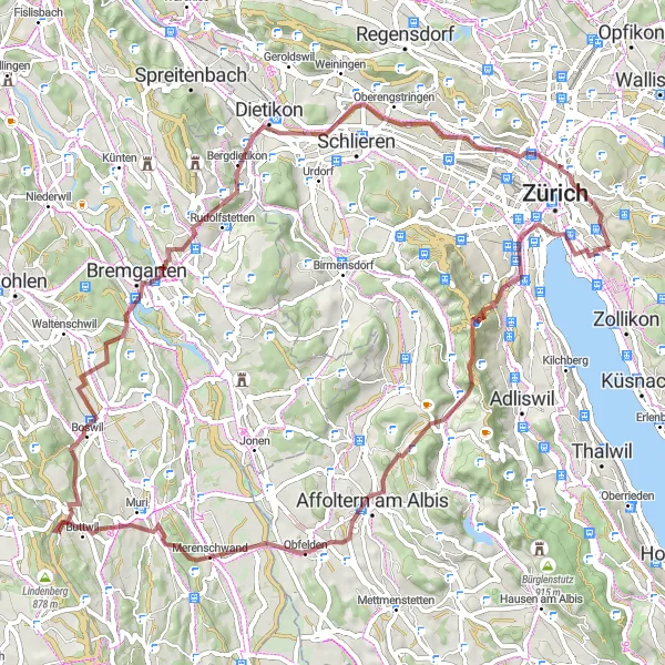 Mapa miniatúra "Gravelová výzva do prírody" cyklistická inšpirácia v Zürich, Switzerland. Vygenerované cyklistickým plánovačom trás Tarmacs.app