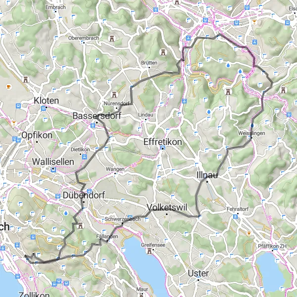 Kartminiatyr av "Veien gjennom Zürichs landskap" sykkelinspirasjon i Zürich, Switzerland. Generert av Tarmacs.app sykkelrutoplanlegger