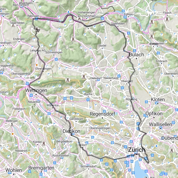 Miniatura della mappa di ispirazione al ciclismo "Cicloturismo Verso Monte Diggelmann" nella regione di Zürich, Switzerland. Generata da Tarmacs.app, pianificatore di rotte ciclistiche