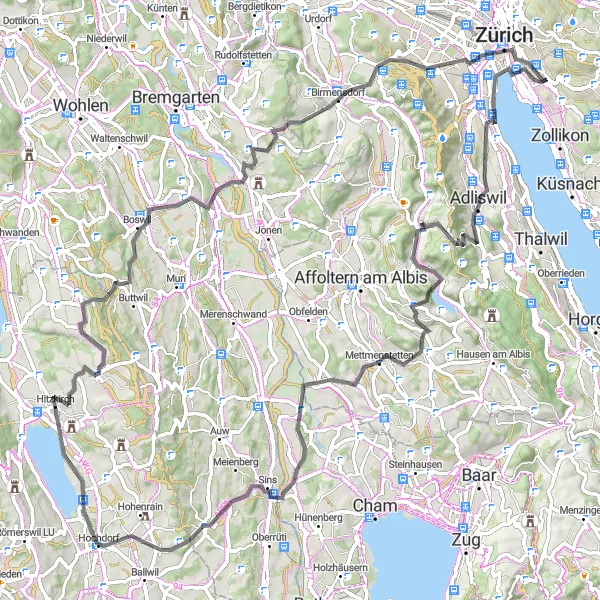 Miniatura della mappa di ispirazione al ciclismo "Avventura Montagna e Città" nella regione di Zürich, Switzerland. Generata da Tarmacs.app, pianificatore di rotte ciclistiche