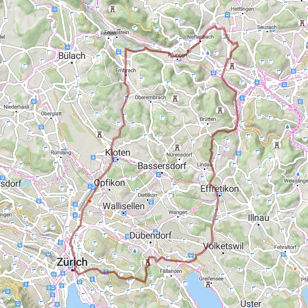 Map miniature of "Gravel Adventure: From Zürich to Effretikon" cycling inspiration in Zürich, Switzerland. Generated by Tarmacs.app cycling route planner