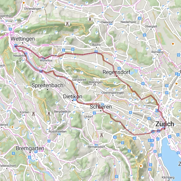 Mapa miniatúra "Gravel Paradise: Zurich to Lindenhof" cyklistická inšpirácia v Zürich, Switzerland. Vygenerované cyklistickým plánovačom trás Tarmacs.app