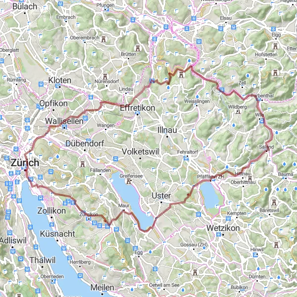 Miniaturní mapa "Gravelová cyklotrasa kolem Zürichu a okolí" inspirace pro cyklisty v oblasti Zürich, Switzerland. Vytvořeno pomocí plánovače tras Tarmacs.app