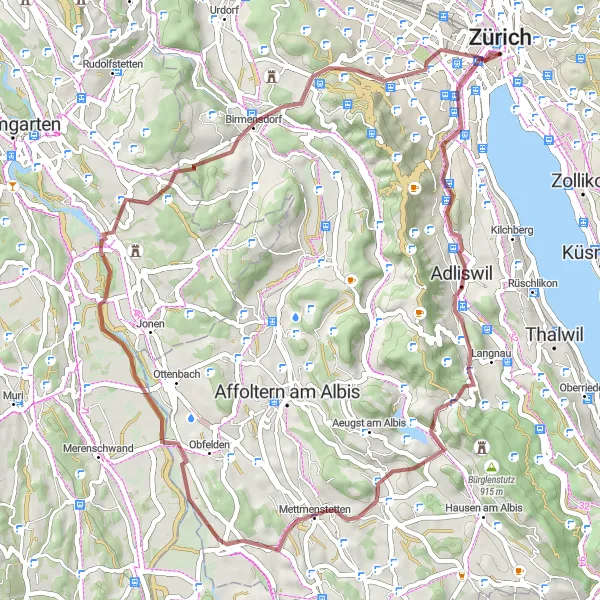 Miniatura della mappa di ispirazione al ciclismo "Giro in bicicletta attraverso Entlisberg, Mettmenstetten e Oberwil" nella regione di Zürich, Switzerland. Generata da Tarmacs.app, pianificatore di rotte ciclistiche