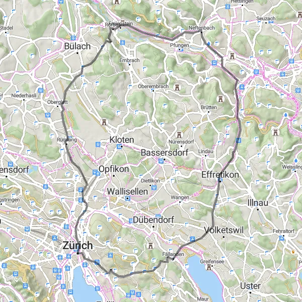 Miniaturní mapa "Kolo Výlet Rümlang - Karlsturm" inspirace pro cyklisty v oblasti Zürich, Switzerland. Vytvořeno pomocí plánovače tras Tarmacs.app