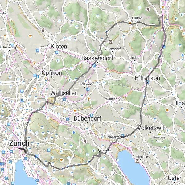 Mapa miniatúra "Road Adventure: Monte Diggelmann to Lindenhof" cyklistická inšpirácia v Zürich, Switzerland. Vygenerované cyklistickým plánovačom trás Tarmacs.app