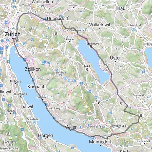 Miniature de la carte de l'inspiration cycliste "Boucle des Collines" dans la Zürich, Switzerland. Générée par le planificateur d'itinéraire cycliste Tarmacs.app