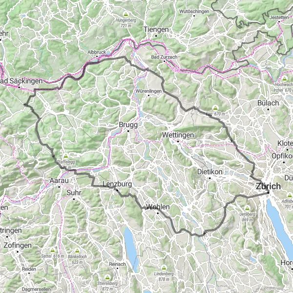 Miniature de la carte de l'inspiration cycliste "Boucle Épique de Zurich-Soleure" dans la Zürich, Switzerland. Générée par le planificateur d'itinéraire cycliste Tarmacs.app