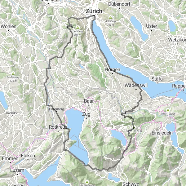 Mapa miniatúra "Jazda okolo Zurichu a Finstersee" cyklistická inšpirácia v Zürich, Switzerland. Vygenerované cyklistickým plánovačom trás Tarmacs.app