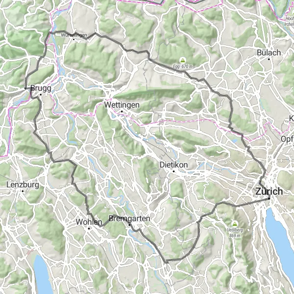 Map miniature of "Zurich to Villigen Loop" cycling inspiration in Zürich, Switzerland. Generated by Tarmacs.app cycling route planner